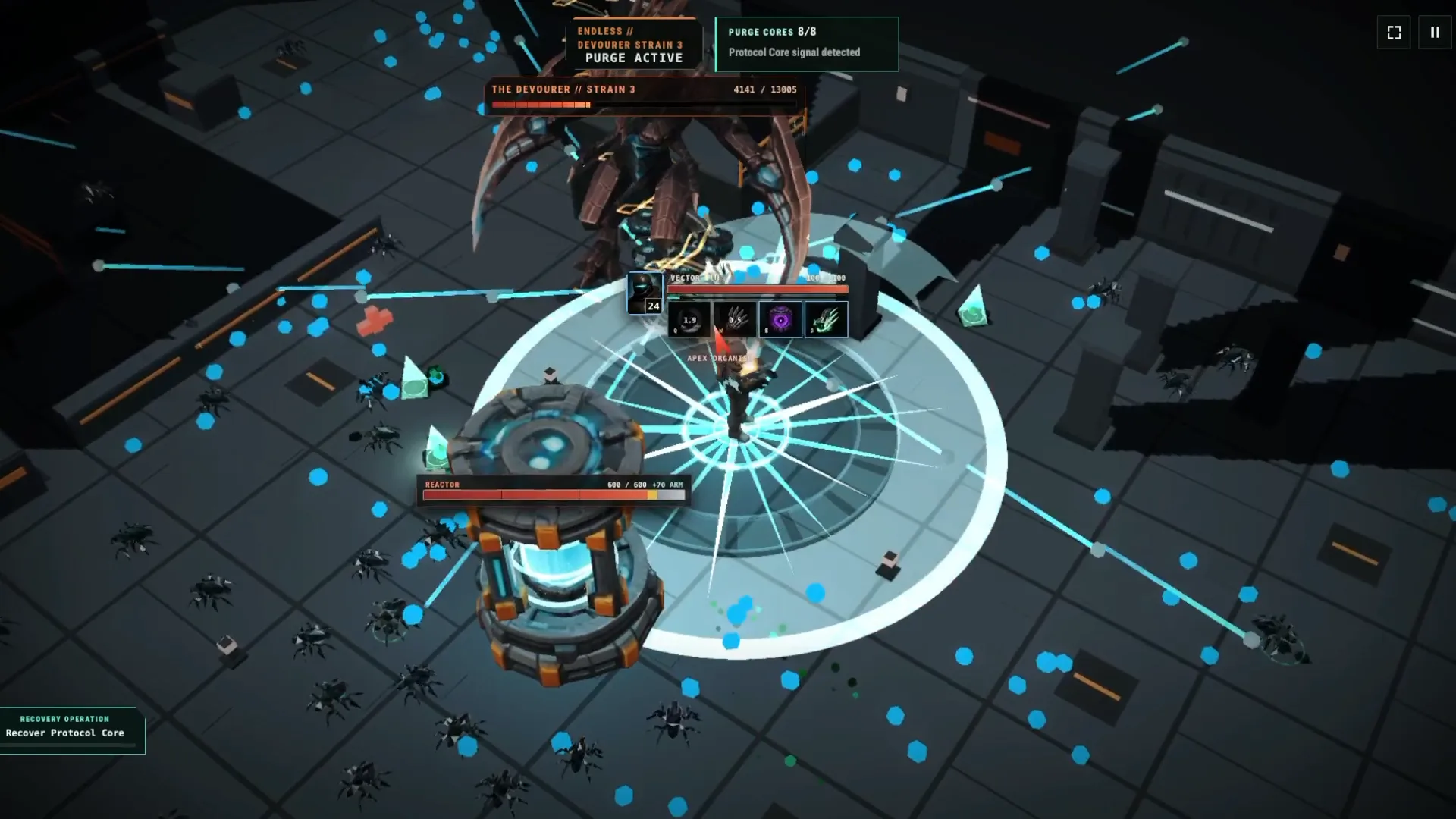 An operator fights the Devourer while the purge is active