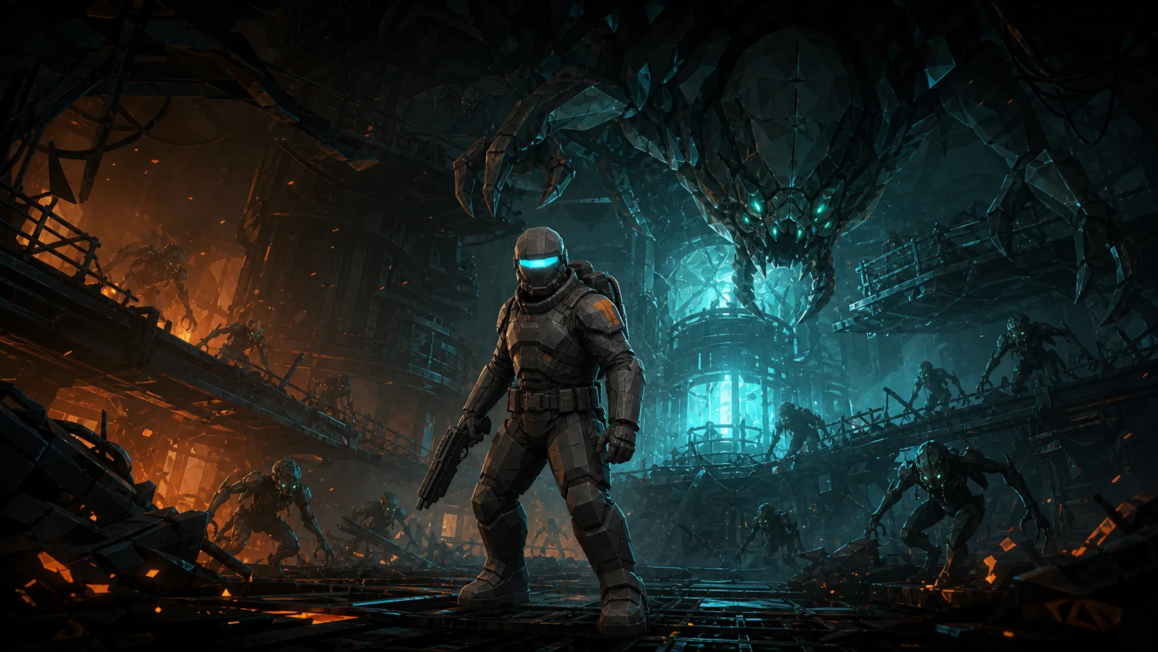 Concept art of an operator facing aliens around the reactor